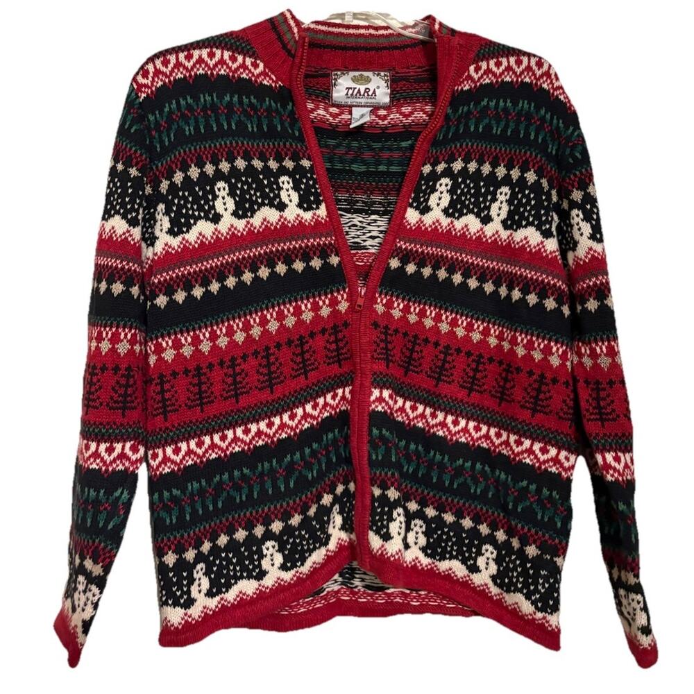 Tiara International Full Zip Sweater Women's‎ S Red Snowman Print Vtg Y2K